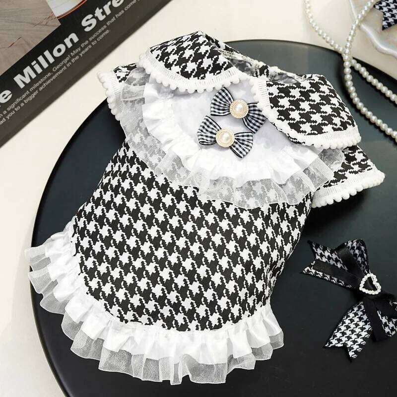 Cute Bow Summer Princess Dog Cat Houndstooth Traction Lace Stitching Dress Pet Clothes XS-4XL Size H260129