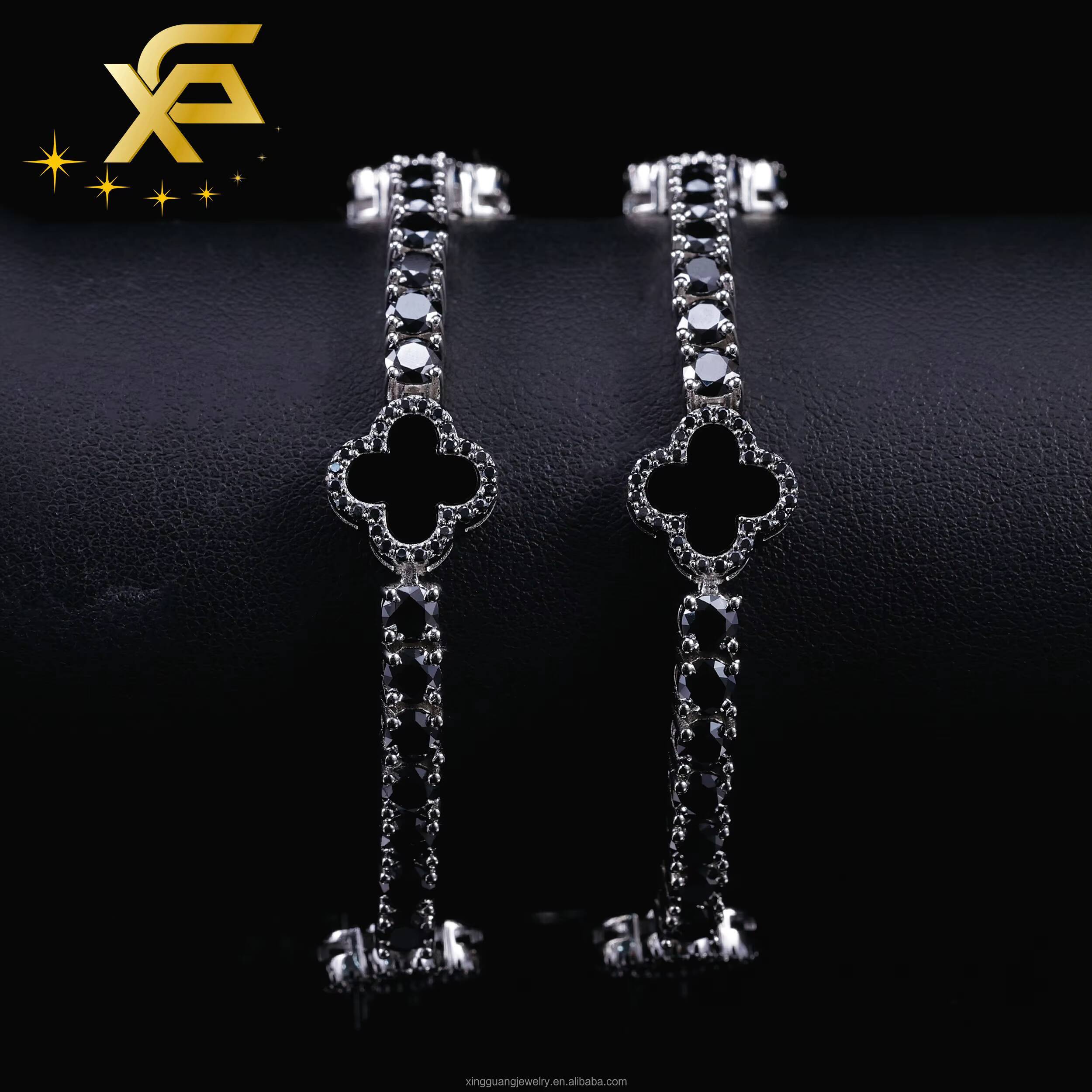 Black Color Moissanite Four Leaf Clover Bracelet S925 Silver 3mm-5mm VVS Moissanite Clover Tennis Bracelet For Women