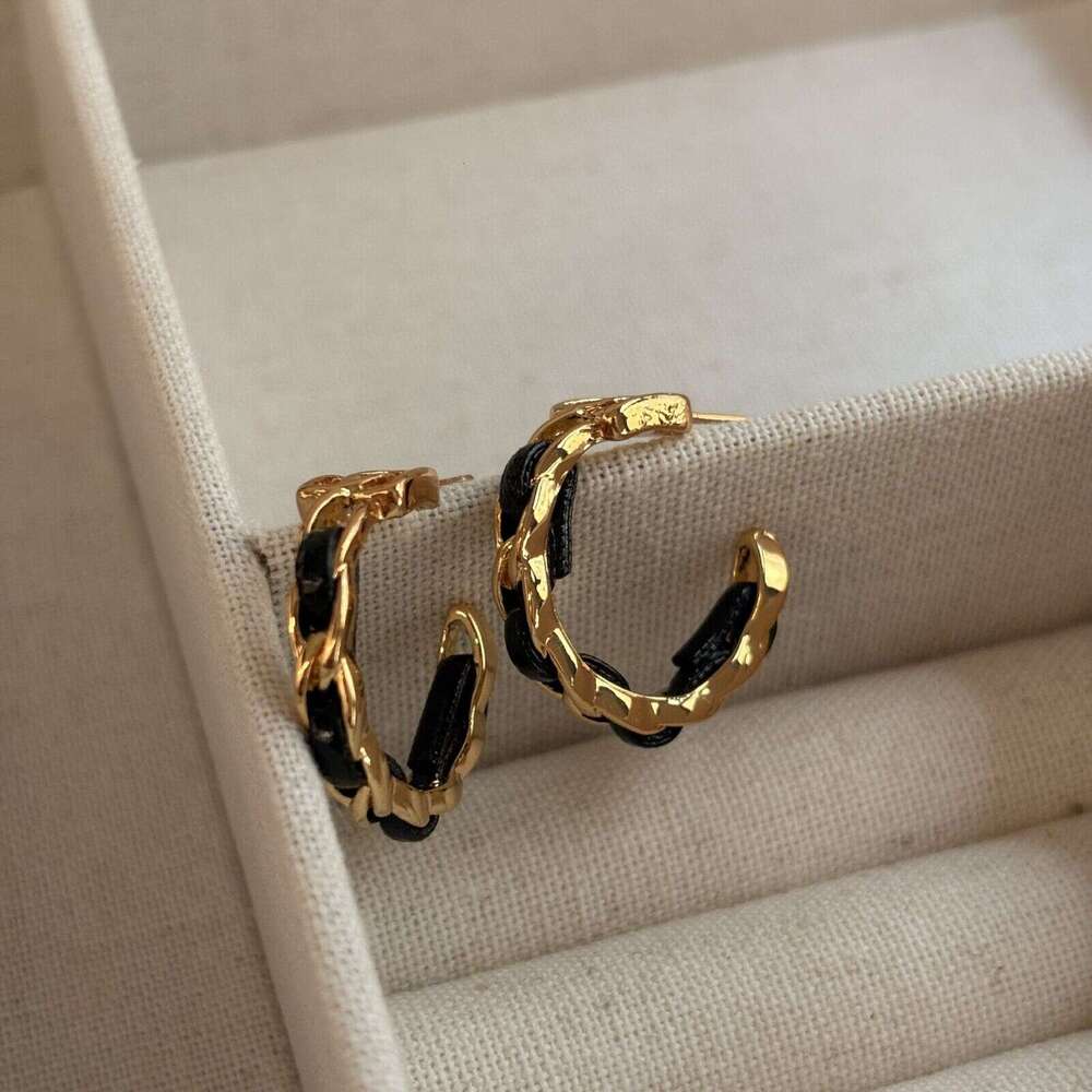 Earrings Gold Plated Leather Woven Large Circle Stainless Steel for Summer Daily and Party Wear Gift High Quality Texture