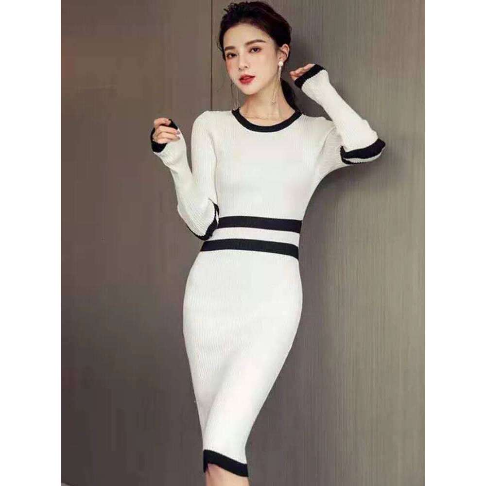 Stretch Knit Pencil Spring Korean Version Pullover Full Sleeve Simple Color Matching High Waist Slim Elegant Office Dress XJ260131