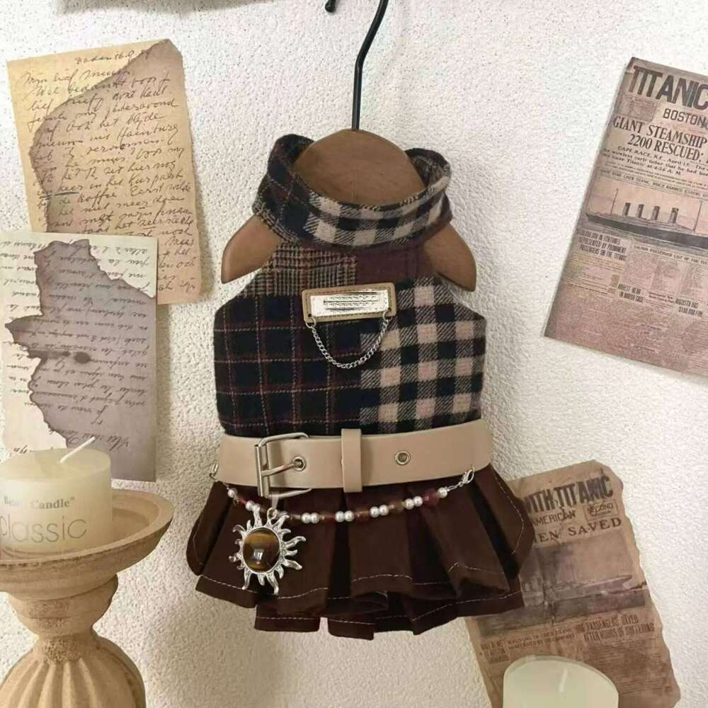 Egyptian Latin Style Pet Tank Dress For Autumn In Brown Check Pattern Featuring Small Dog Vest Skirt H260130