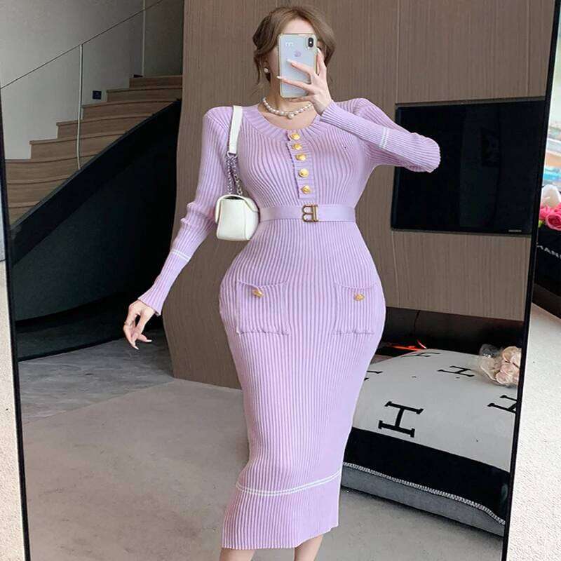 YuooMuoo Brand Fashion Knitted Long 2024 New Elegant O-neck Buttons Lace-up Pockets Bodycon Dress Lady Sweater Vestidos XJ260131