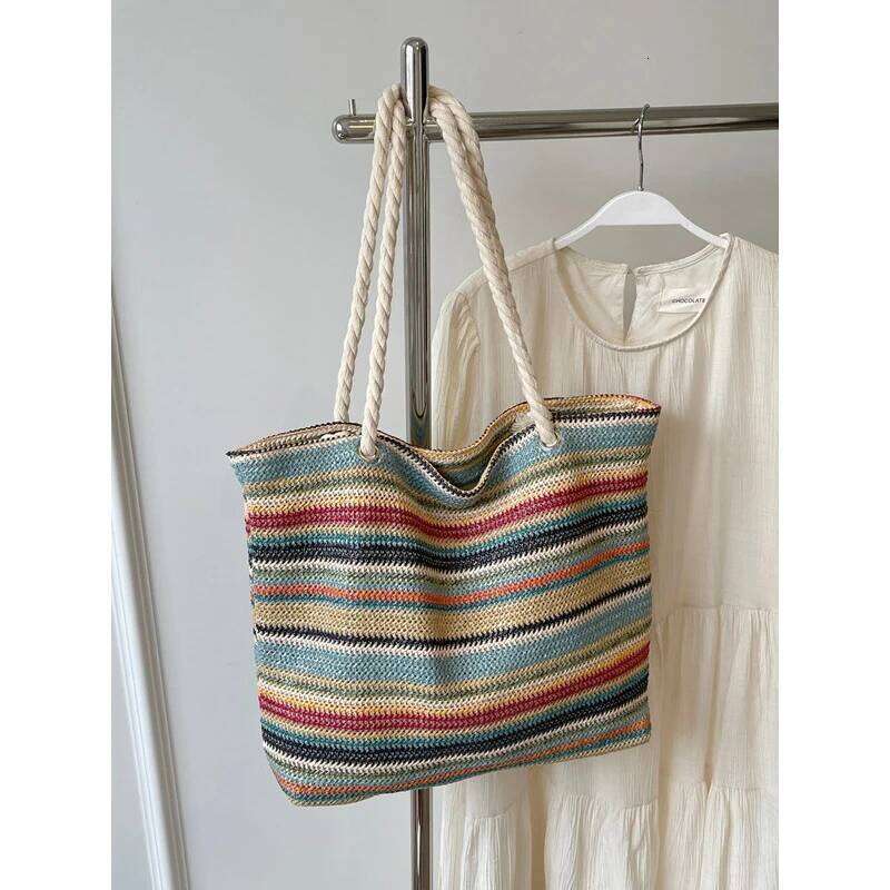 Female Fashion Retro Handbags Women's Nylon Woven Rainbow Casual Shoulder Bags Ladies Leisure Designer Luxury Hand Bag for Lady XJ260131