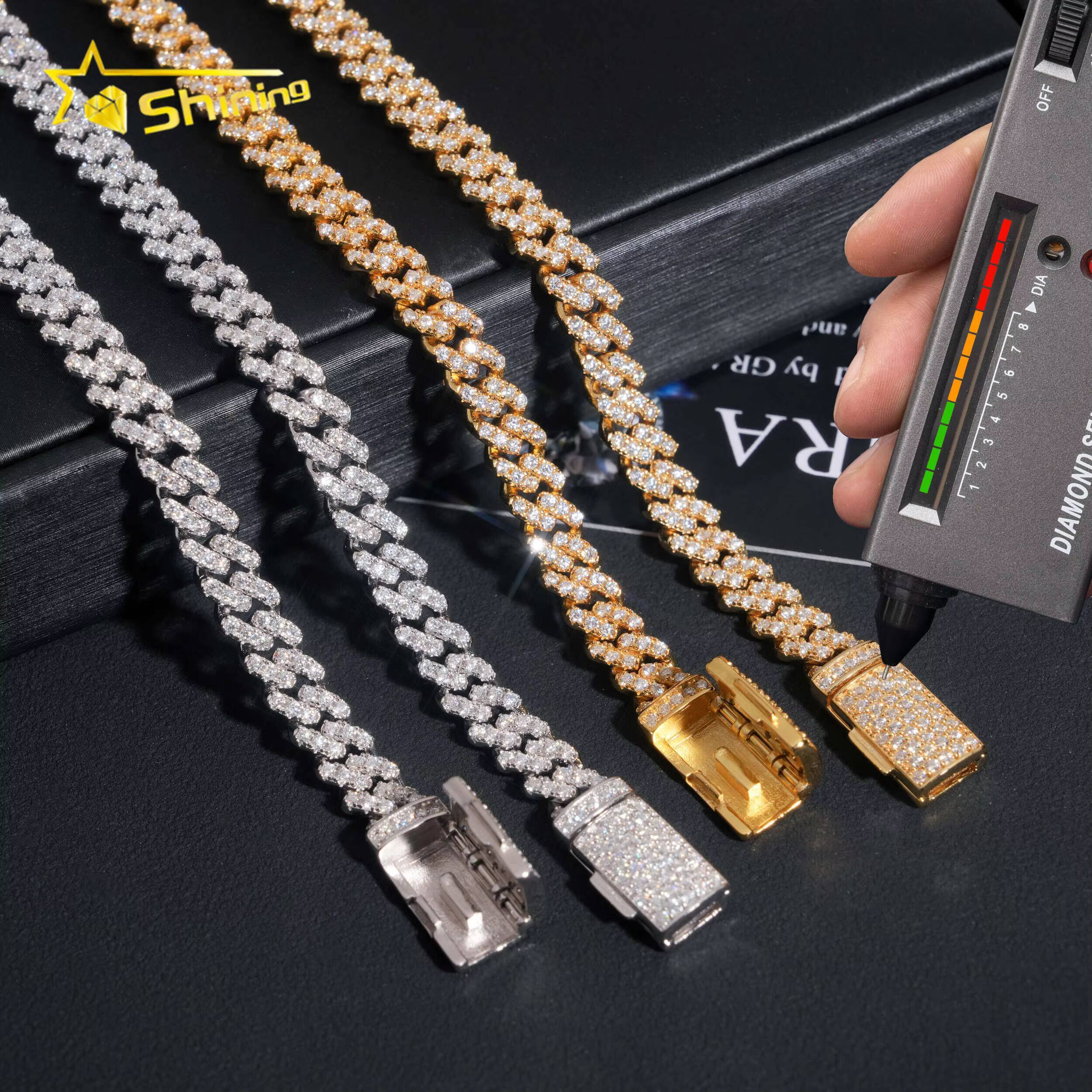 Factory Price RTS Hip Hop Jewelry 6mm Solid 925 Sterling Silver Gold Plated VVS Iced Out Moissanite Miami Cuban Link Chain
