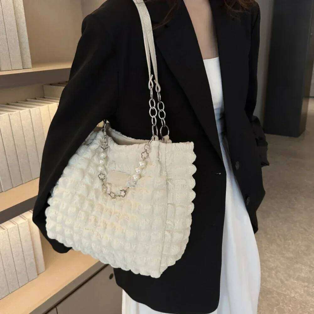 Fashion Plaid Women's Beaded Chain Shoulder Bags Soft Fabric Commuter Female Handbags Purse 2025 Large Capacity Ladies Tote Bag