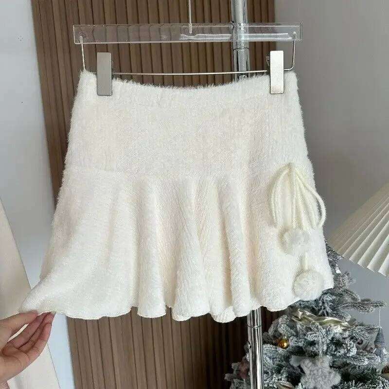 2025 Winter White Elegant Mini Woman Sexy A-line Retro Preppy Warm Skirt Female Lace Up Korea Style Chic Outfits New XJ260131