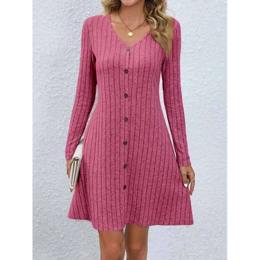 Women's V-Neck Button Dress Monochromatic A-line Casual Comfortable Spring Autumn Trend XJ260131