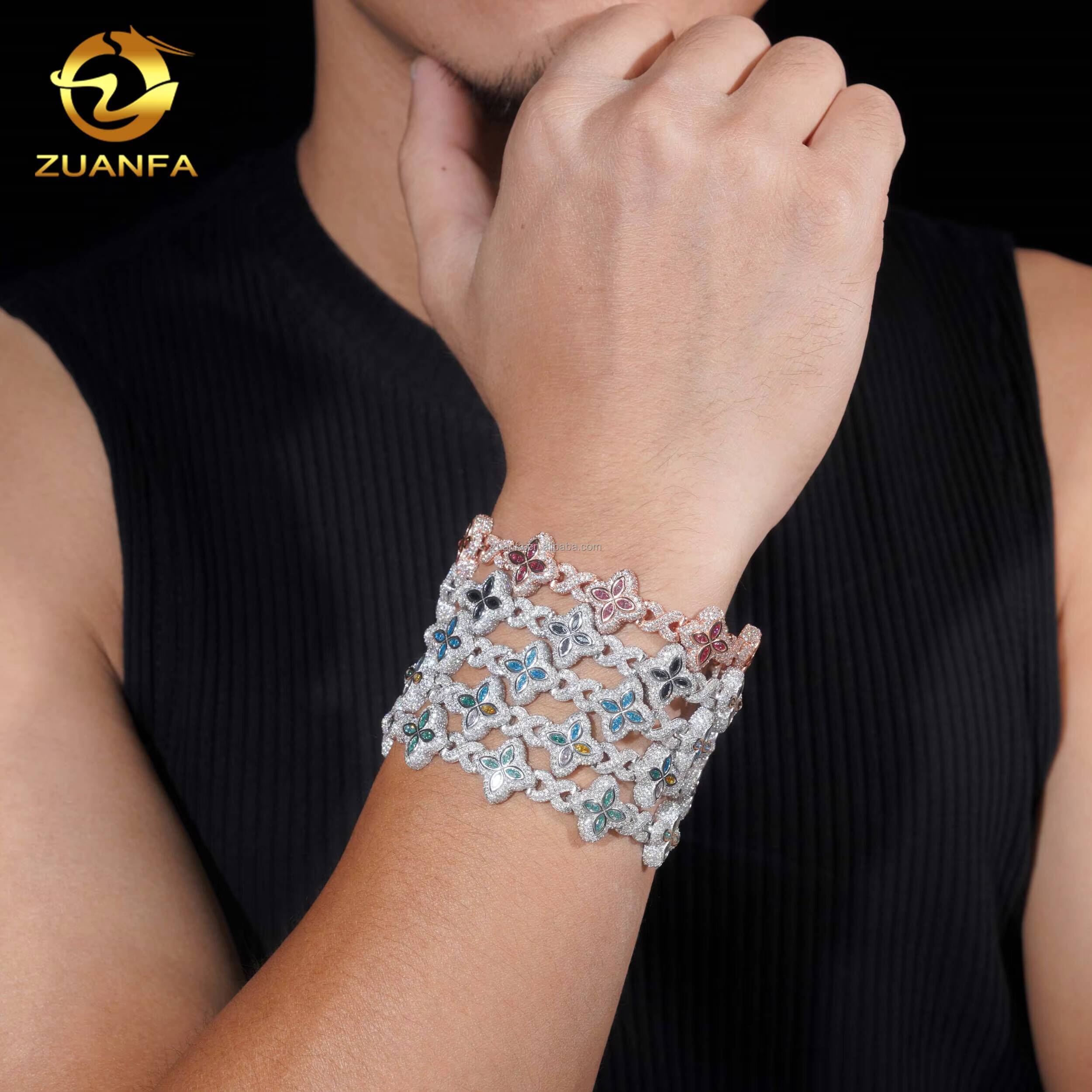 Unique Design 15mm Marquise Flower Hip Hop Jewelry Iced Out Multi Color Moissanite Diamond Clover Infinity Cuban Link Bracelet