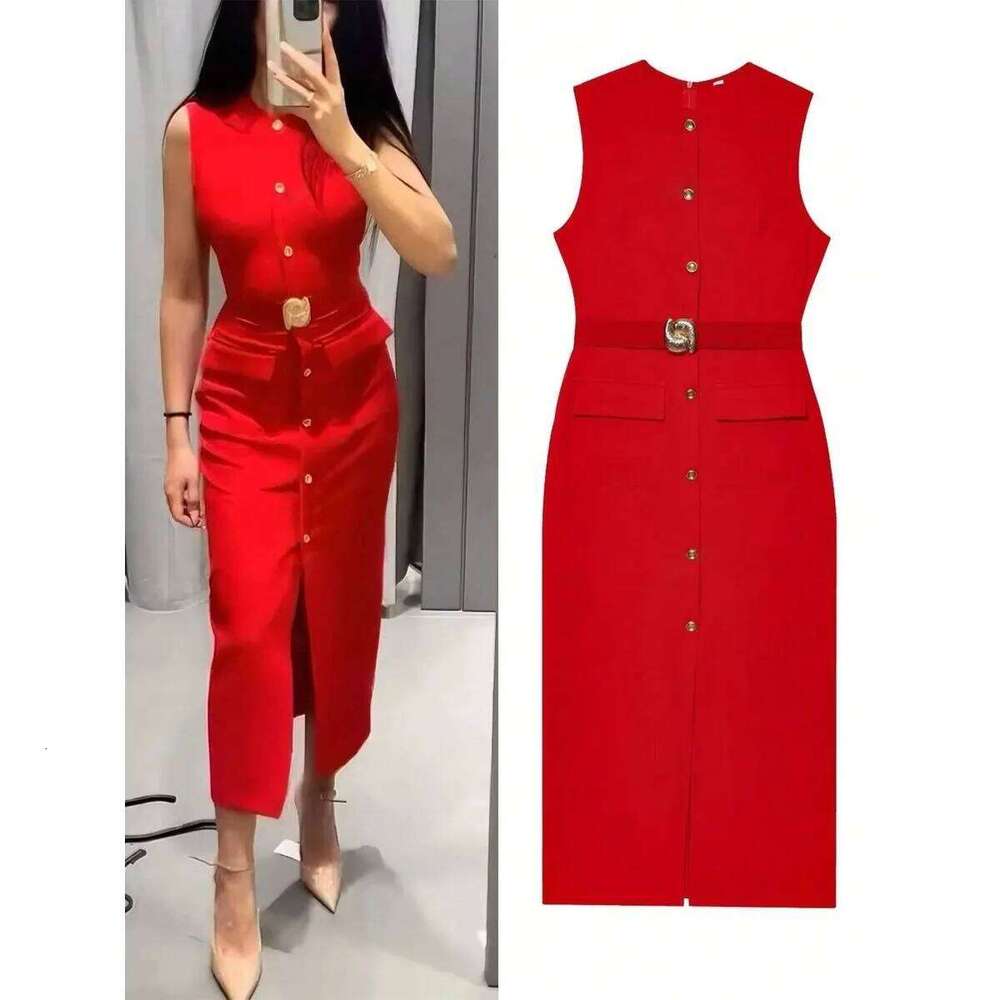 Womans Sleeveless Crew-neck Solid-color Waist-cinched Dress Tailored Button-down Long Skirt for Commuting Wear Formal Dinners XJ260131