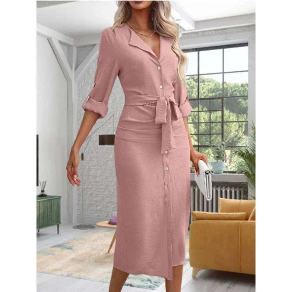 Lady Button Lapel Long Sleeved Solid Color Women's Lace Up High Street Fashion Autumn Spring Elegant Dress XJ260131