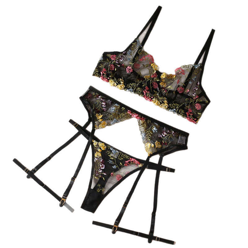 Women's floral embroidery lingerie set - transparent mesh bra and suspender underwear, romantic pajamas for Valentine's Day or role-playing