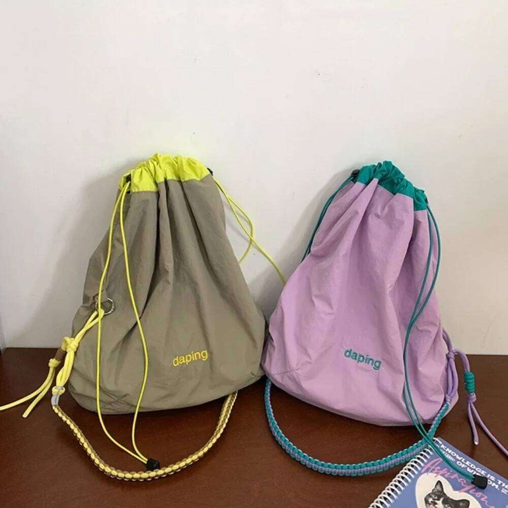Contrast Color Letter Crossbody Large Capacity Nylon Drawstring Girl Women Handbags 2025 Casual Lightweight Shoulder Bag