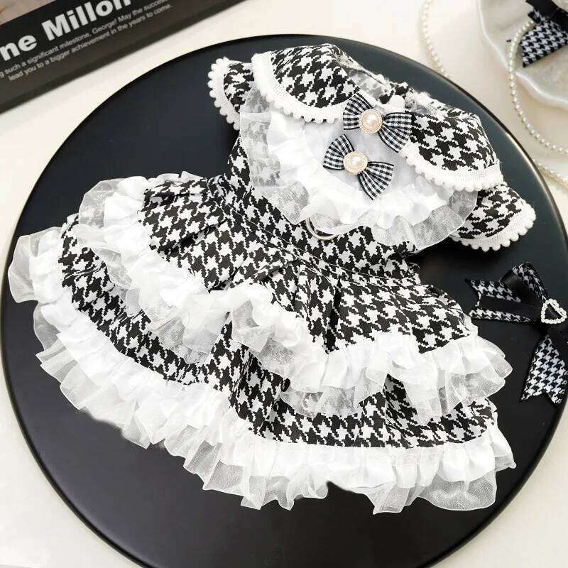 Cute Bow Summer Princess Dog Cat Houndstooth Traction Lace Stitching Dress Pet Clothes XS-4XL Size H260129