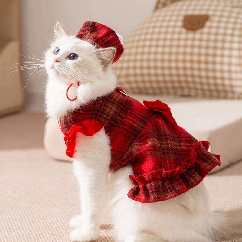 Fleece-Lined Bow Pet Dress Winter Warmth Two-Legged Clothes Pretty Checkered Skirt for Puppies Dog Accessories H260130