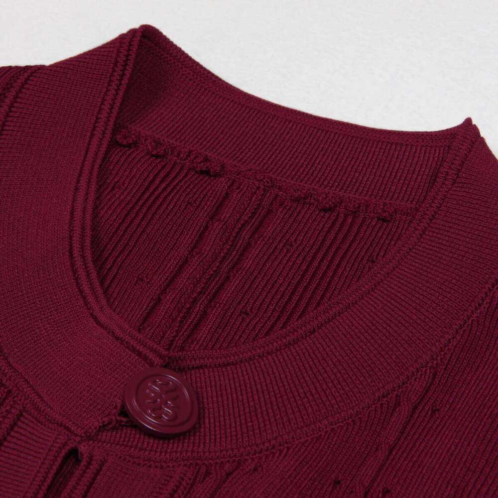 Three Color High-quality New Fashionable Elastic Knitted Hollow Round Neck Single Breasted Short Sleeved Slim Fit Women's Dress XJ260131