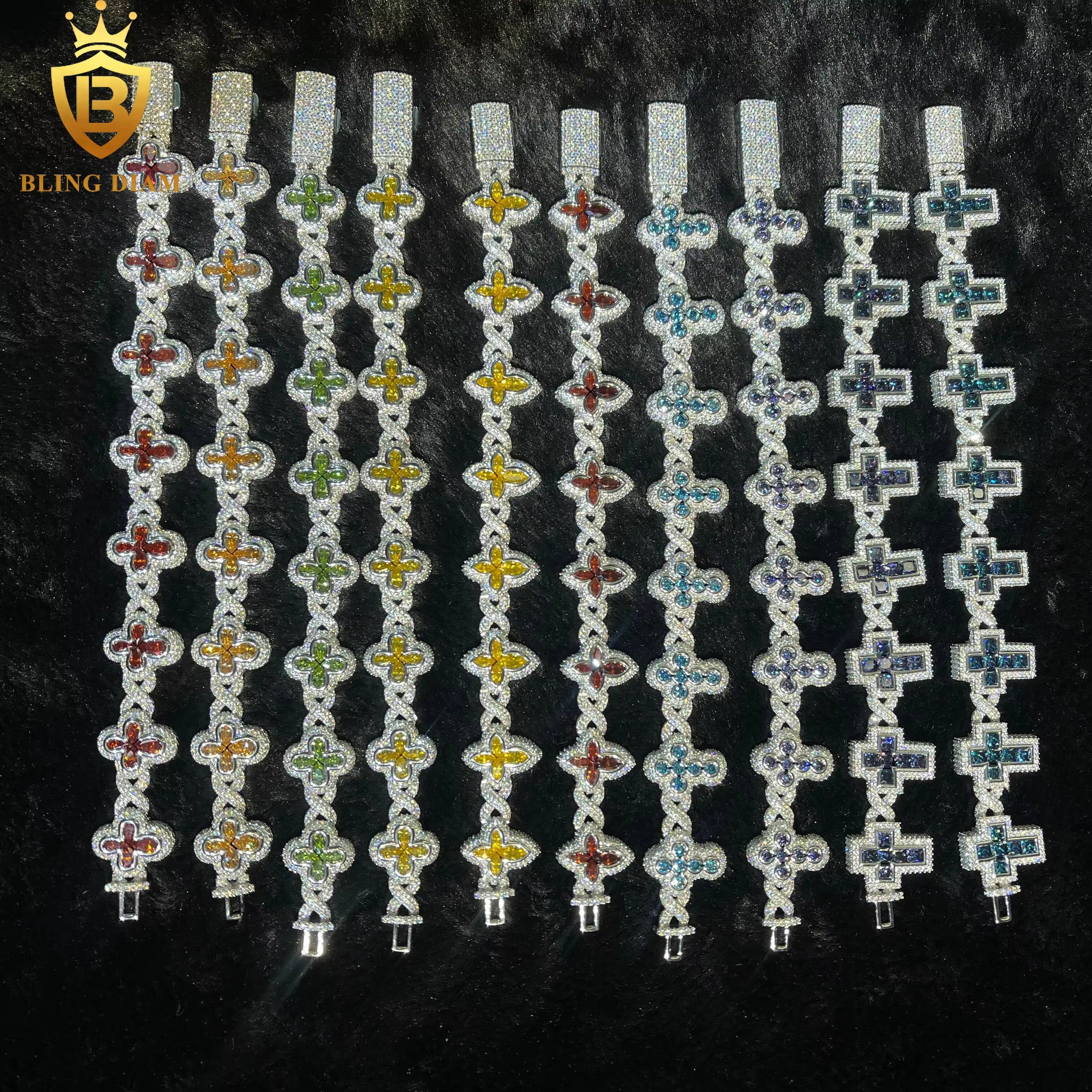 New Cuban Bracelet Cross 4 Clover Flower Hip Hop Men Charms for Jewelry 925 Sliver Green Blue Purple Yellow Red Moissanite