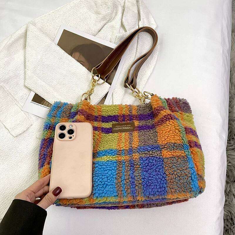 Women's Plaid Pattern Sherpa Large Capacity Tote Bag Shopping Chroma Handbag