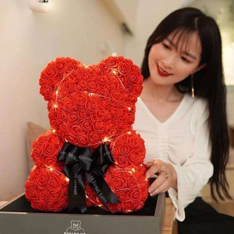 Mother's Day 25cm Artificial Teddy Rose Flower Bear with Box Romantic Gift Girlfriend Women Mother Birthday Wedding Party Deco Y260131