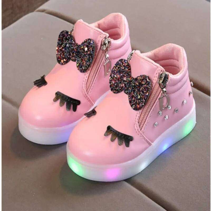 Children Glowing Kid Princess Bow for Girls LED Cute Baby Sneakers with Light Shoes Size 21-30 Y260128