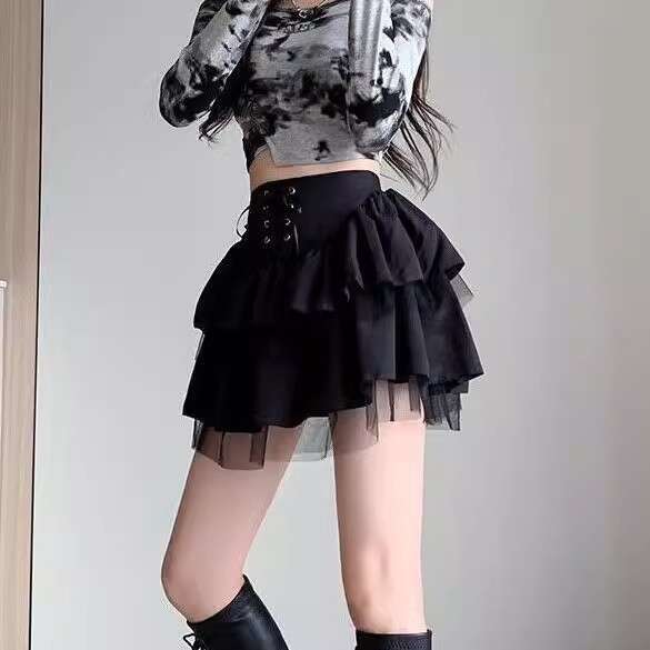 Y2K Pure Desire Yabi Style Culture Multi-layer Mesh Puffy High-waisted Elastic A-line Black Short Skirt for Spring and Autumn