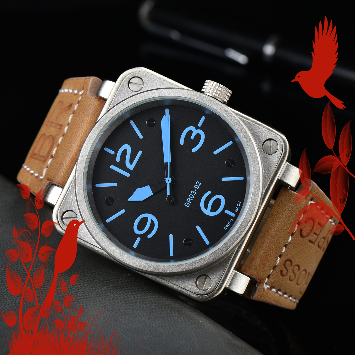 New mens INSTRUMENTS Wristwatches Men Automatic Mechanical Watch BELLity Brown Leather Black ROSSity Rubber watches #3426