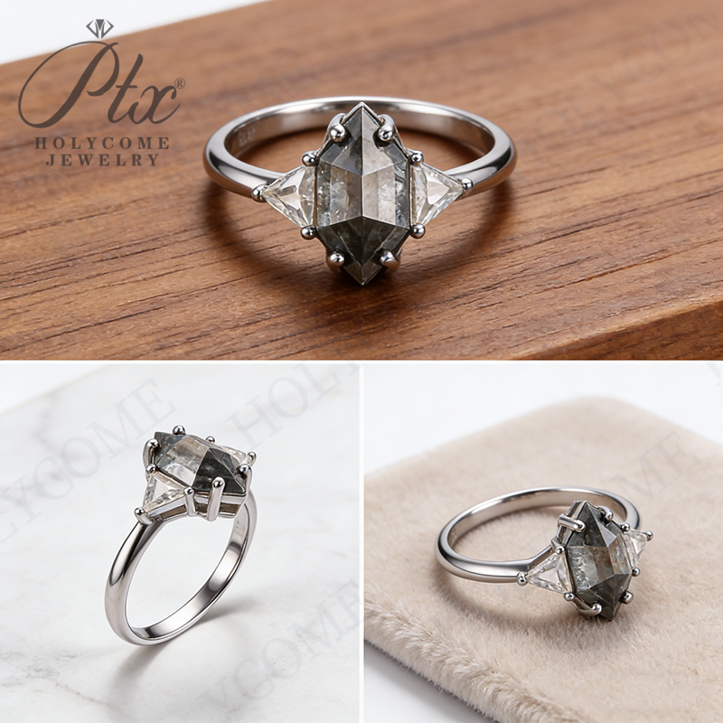 Elongated Hexagon Cut D Color Gray Moissanite Diamond Engagement 925 Sterling Silver Rings for Women Jewelry Wholesale