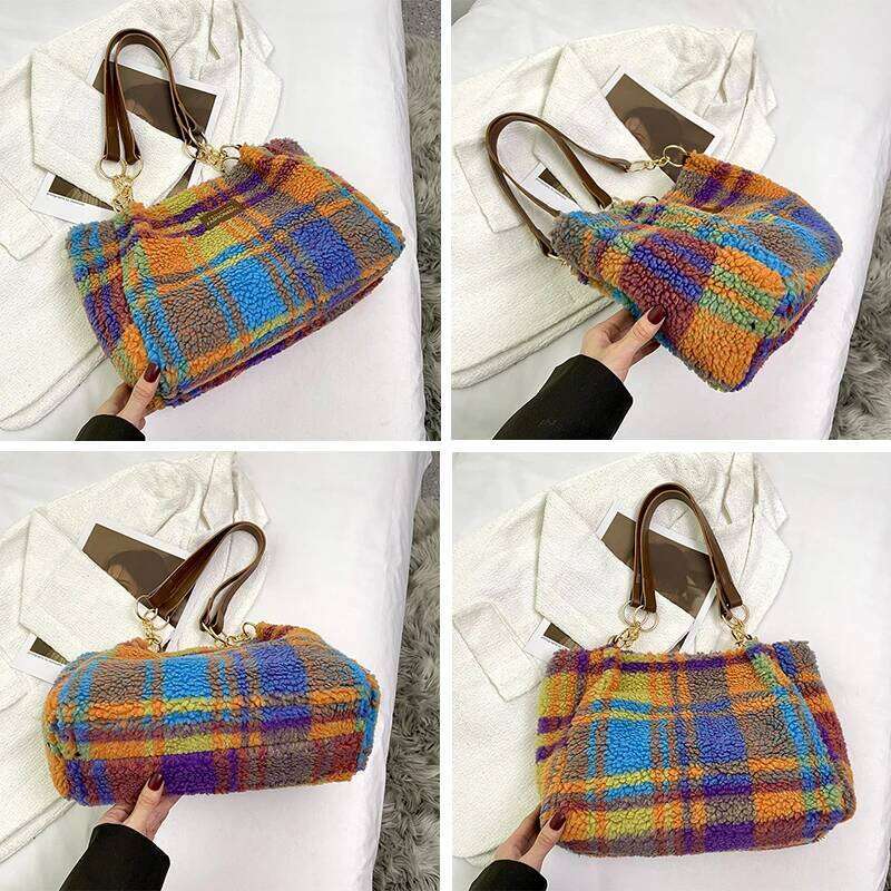 Women's Plaid Pattern Sherpa Large Capacity Tote Bag Shopping Chroma Handbag