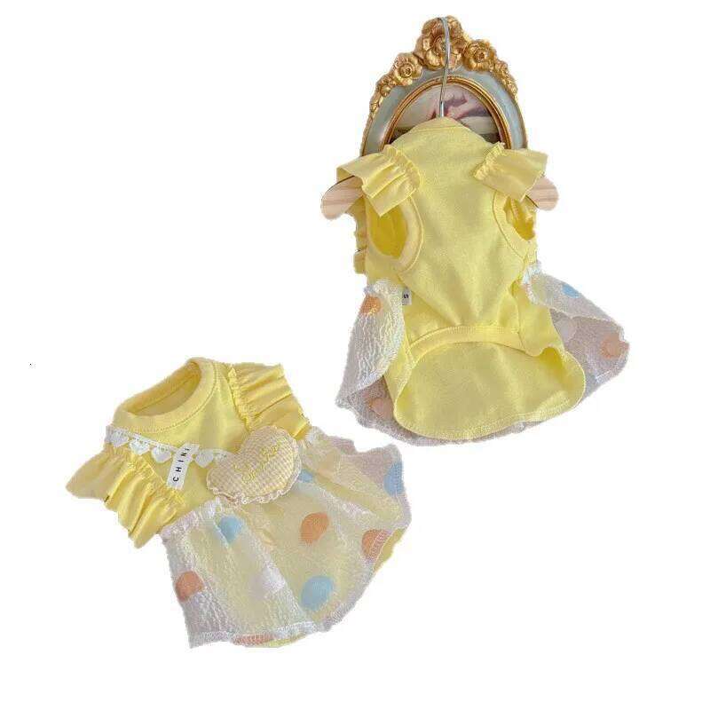 Pet Dot Yellow Heart-shaped Little Fly Sleeve Dress Cat and Four Season Vest Puppy Clothes Dog Dresses for Small Dogs H260130