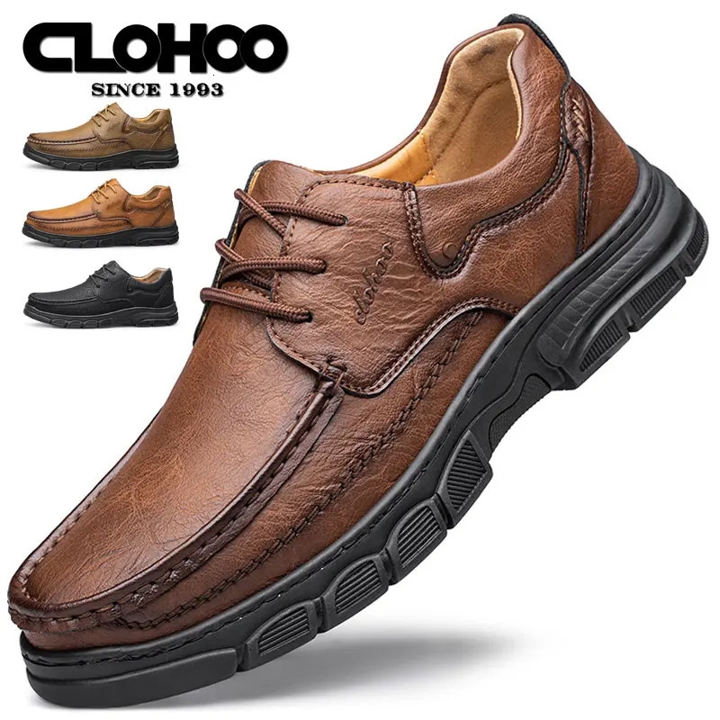 CLOHOO Mens Handmade Thick Rubber Bottom Breathable Casual Leather Shoes Classic Sewn Loafers Comfortable Leisure Footwear 260126