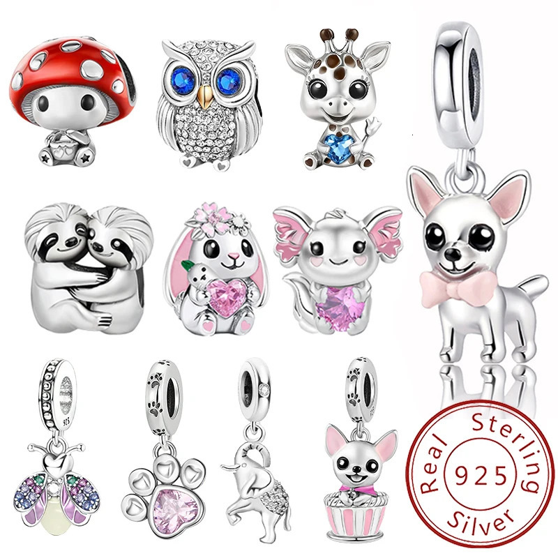 925 Sterling Silver Animal Dumbbell Cute Pink Dog Charms Beads Fit Diy Bracelet Bangle Making Gift Of High Quality Jewelry 260124