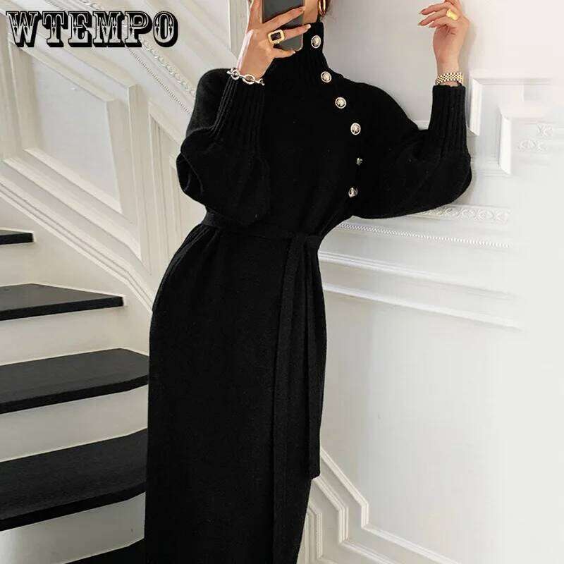 WTEMPO Women's Vintage Sleeve Knitwear Loose Buttoned Turtleneck Sweater Dress Autumn Winter Sexy Mid Long Knitted Dresses XJ260131
