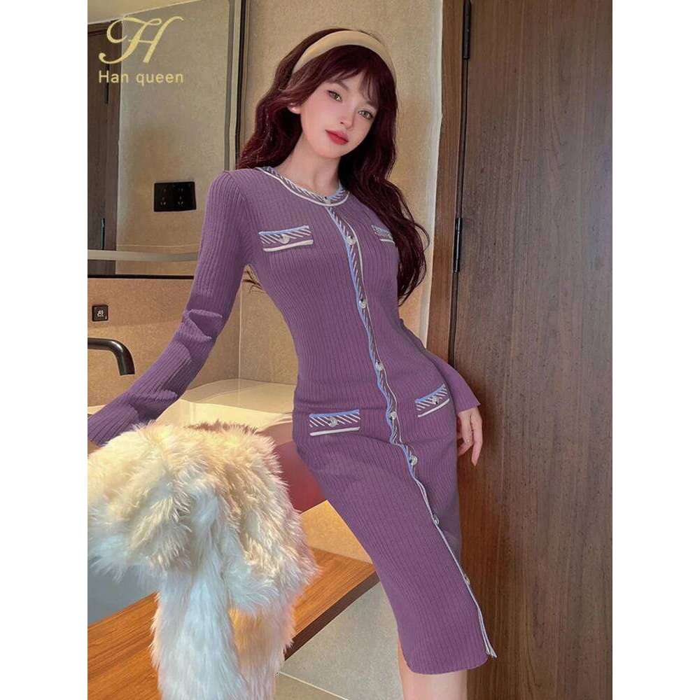 Simple Office Women's O-Neck Bodycon Sexy Sheath Pencil Dresses Autumn Casual Sweater Knitted Dress XJ260131