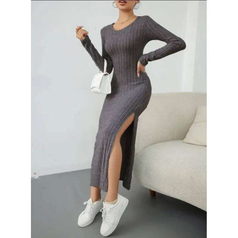 Women's Autumn French Plain Stripe Split Long Sleeve Scoop Neck Bodycon Full Length Maxi Casual Dresses XJ260131