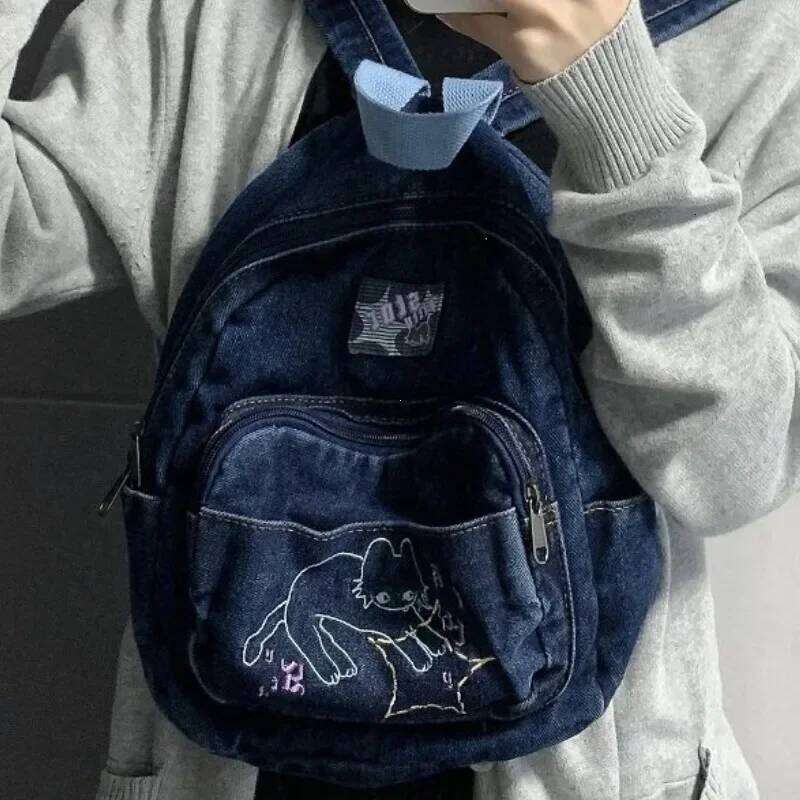 Large Capacity Student Schoolbag Japanese Simple Kawaii Cat Denim Handbag Shoulder Bags Cute Women Backpack 2025 ItaBag