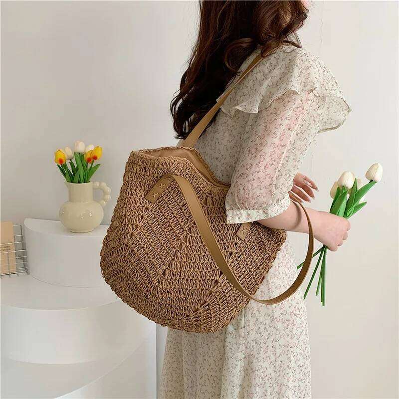 Summer for Women Straw Shoulder Bags Rattan Woven Top Handle Hollow Raffia Crochet Beach Bag Casual Handbags XJ260130