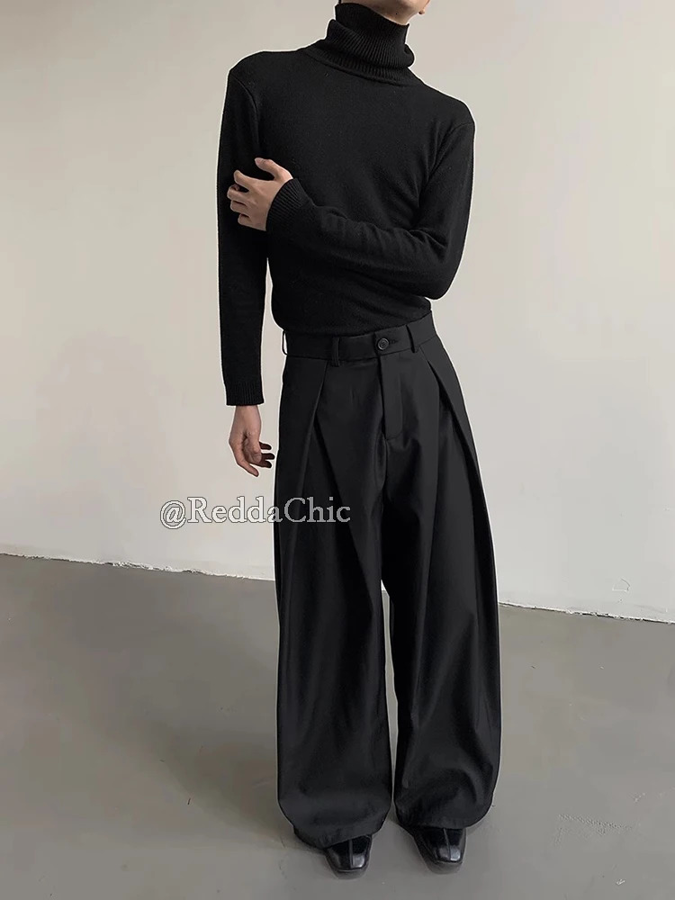 REDDACHiC Mens Pleated Front Wide Leg Pants Cleanfit Black Solid Low Waist Dressy Trousers Unisex Office Work Casual Clothes 260120