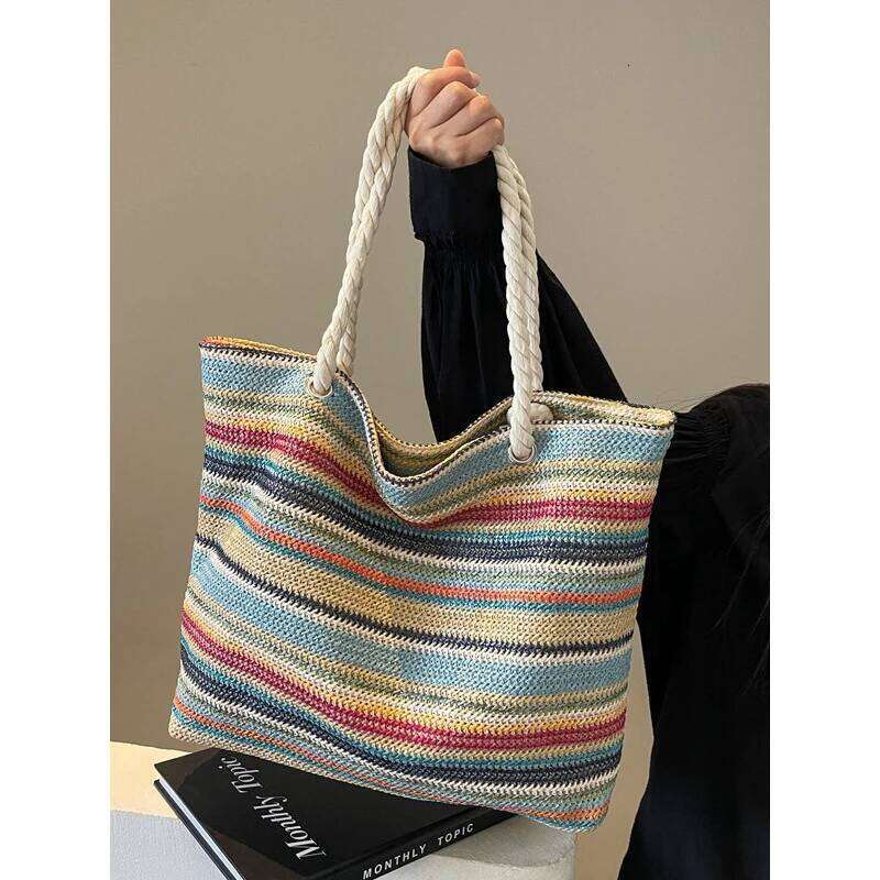 Female Fashion Retro Handbags Women's Nylon Woven Rainbow Casual Shoulder Bags Ladies Leisure Designer Luxury Hand Bag for Lady XJ260131