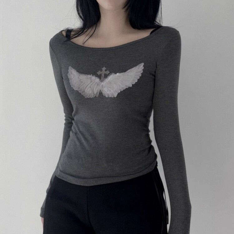 Autumn Winter New Slim Fit Base Shirt For Women With Unique Design And Wing Print Long Sleeve Pullover Top