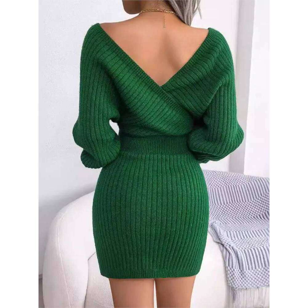 Women Knitted Sexy Cross V-neck Bat Sleeve Hip Pack Dress Autumn Nightclub Female Waist Hugging Short Bottom Sweater Skirt XJ260131