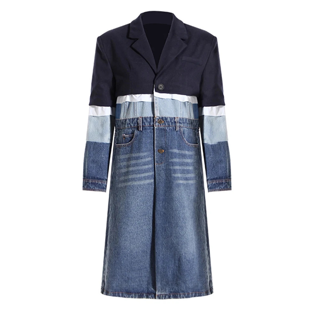 Stylish Contrast Long Sleeve Denim Jacket Woman 2025 Fall Winter Turndown Collar Jean Trench Coat for Street Casual Wear Blazers 260120