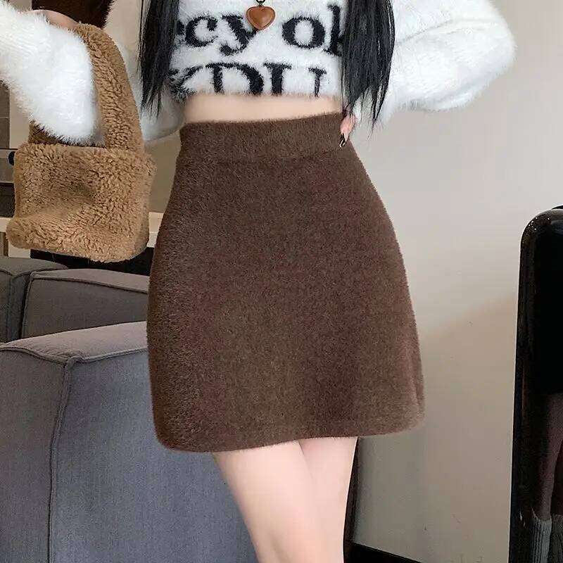 Elastic Waist Slim Women Short Sexy All-Match Basic Mini Winter Autumn Sweet Warm Knit Imitation Mink Fur Skirt XJ260131