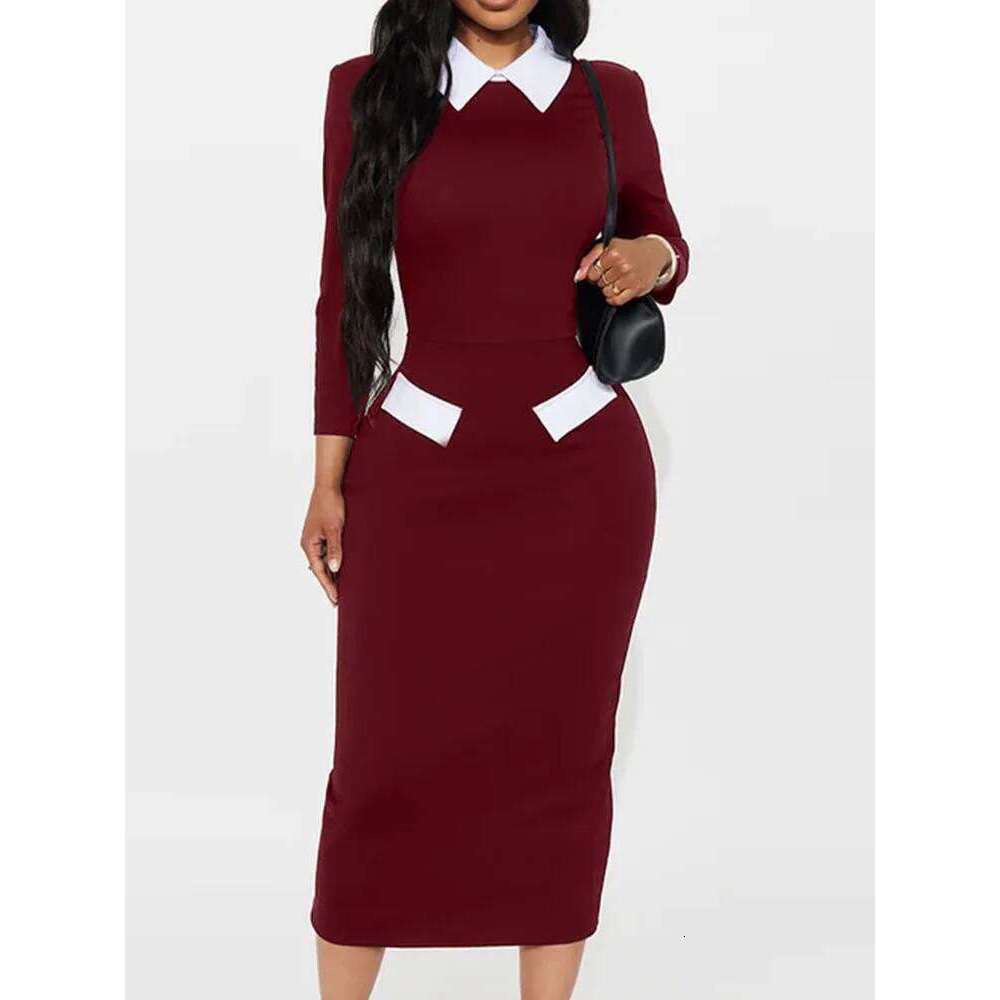 Elegant Fashion Women's Pencil Polo Collar Design Professional Long Sleeved Solid Color Office Lady Dress XJ260131