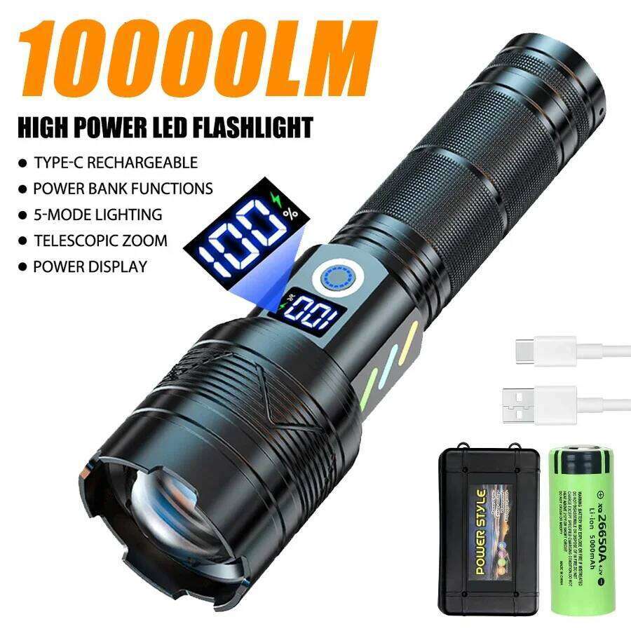 10000LM Super Bright LED Flashlight USB Charging 26650 Lithium Battery Outdoor Telescopic Zoom Torch Lantern With Power Display H260131