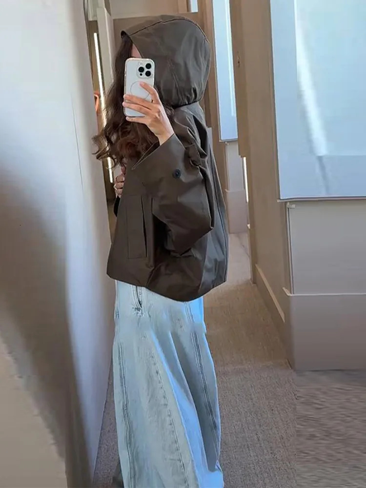 Casual Womens Hooded Cropped Trench Coat Loose Lapel Single Breasted Full Sleeve Jacket Female 2025 Autumn Lady Street Outwears 260120