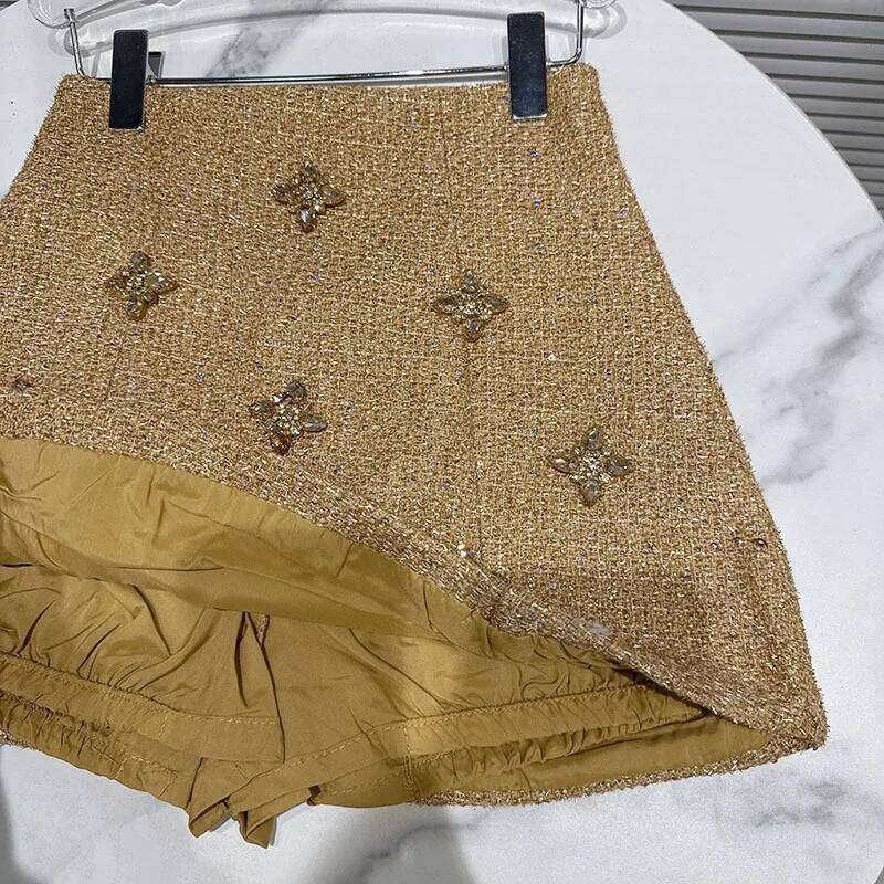 DEAT 2025 Autumn New Fashion Rhinestone Flower Shiny Thick Tweed Short Skirt For Women Mini A-Line Skirts Female Trendy 11A06409 XJ260131