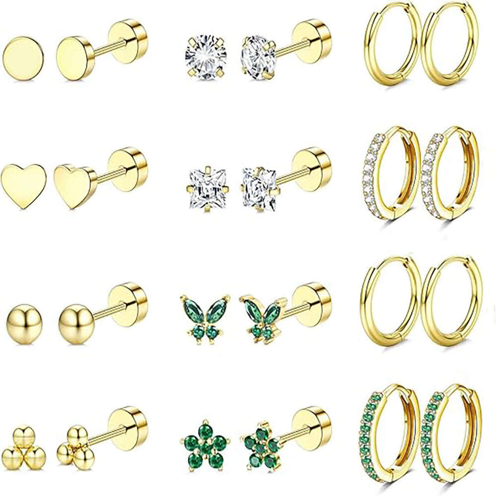 Amazon Hot-Selling 15 Pairs of Simple Stainless Steel Geometric Earrings gold Ear Bone Studs In Stock Direct from Manufacturer