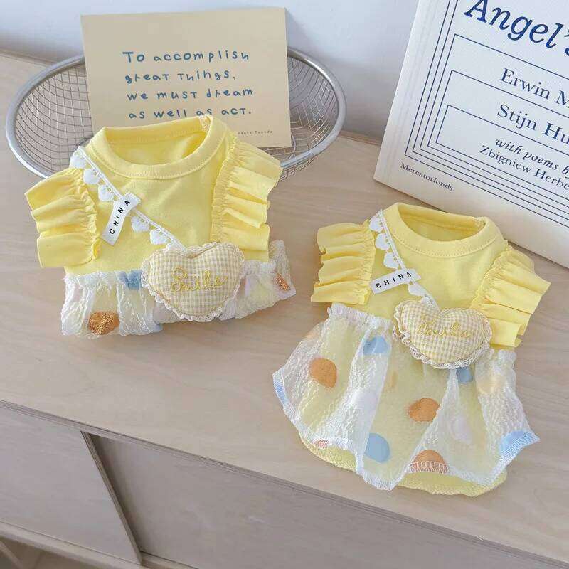 Pet Dot Yellow Heart-shaped Little Fly Sleeve Dress Cat and Four Season Vest Puppy Clothes Dog Dresses for Small Dogs H260130