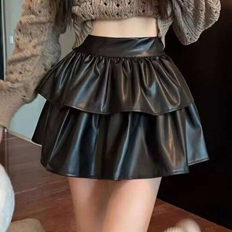 2023 Spring Summer White Black Leather Women Mini Female High Waist Pleated A-line Short Skirt Teenage Girl Skirts XJ260131
