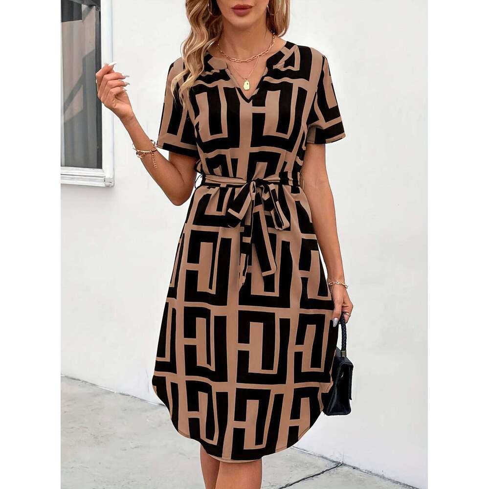 European American temperament, light and mature short sleeved plaid dress, summer vacation small hem belt, V-neck A-line mid XJ260131