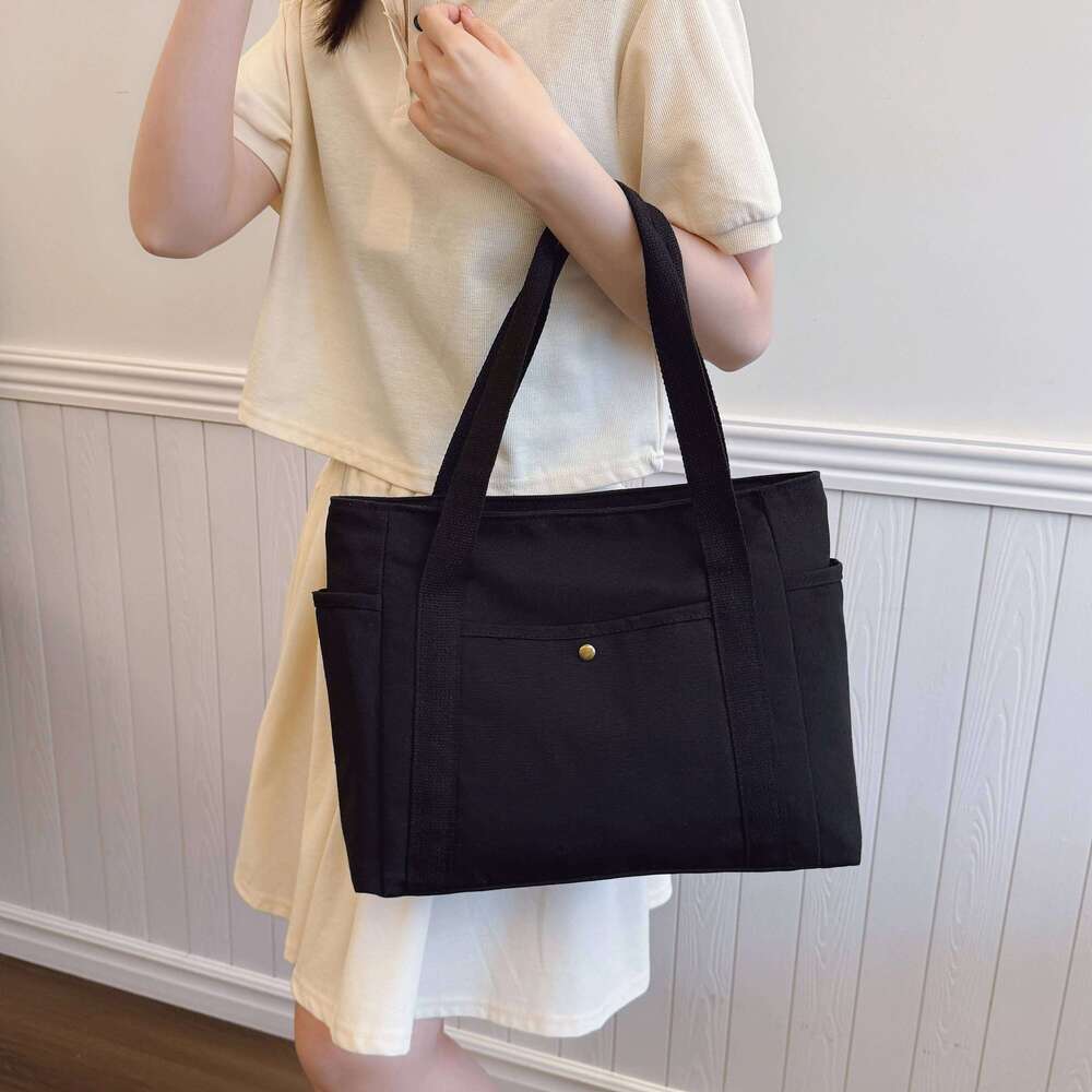 Canvas Women's Large Capacity Multiple Outer Pocket Zipper Shoulder Bag Student Handbag Shopping